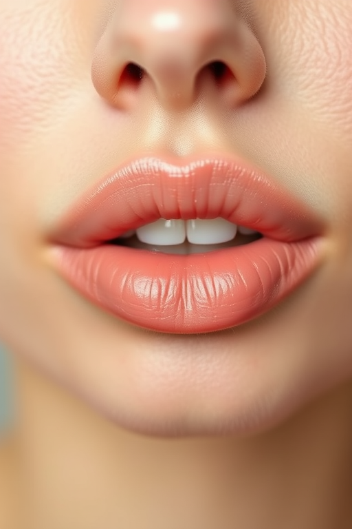 Soft peach lip tint enhances natural lip color, creating a fresh, dewy look that emphasizes the lips' youthful plumpness and subtle pink undertones