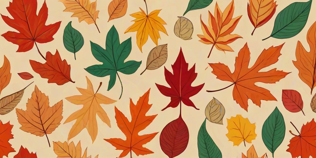 Create a seamless pattern of various leaves in warm autumn colors like orange, red, and yellow against a soft beige background, with different leaf shapes and some outlined styles.