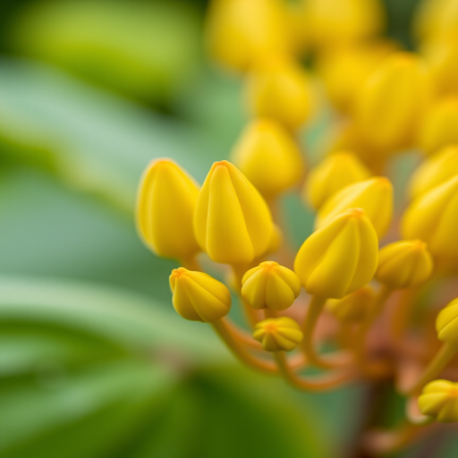 macro shot of yellow flower buds with soft green leaves in the background, aperture f/2.8, shutter speed 1/100s, ISO 100, 50mm lens, DSLR camera, shallow depth of field, natural lighting