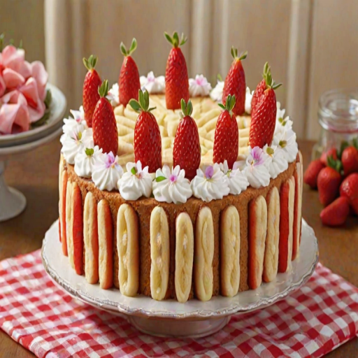 Create a dessert cake decorated with ladyfingers surrounding the sides. The top should have a layer of whipped cream topped with fresh strawberries and small edible flowers. Use a red and white checkered ribbon tied around the cake for decoration.