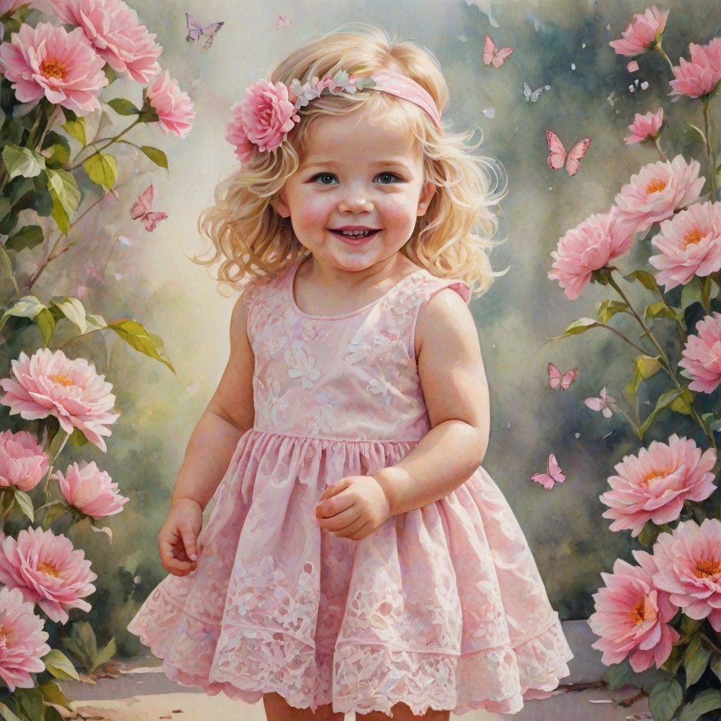 hyperrealism happy smiling toddler girl with messy wavy blonde hair with a headband, she is wearing a pink and white lace dress with pink and white shoes, she is holding a pink bouquet of flowers. Pink flowers and butterflies. summer background. Watercolor Highly detailed