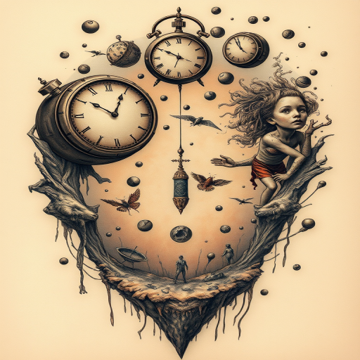 Surrealist tattoo artwork called "Dreamscape" blending elements of reality and fantasy to create a thought-provoking design featuring melting clocks floating objects and distorted figures in muted earth tones