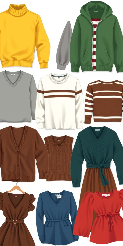 Create an illustration of ten different clothing designs including a yellow turtleneck, a gray hoodie, a green sweater, a striped off-shoulder top, a plain white shirt, a brown cardigan, a dark green cable-knit sweater, a blue v-neck, a brown dress with a belt, and a red dress with puffed sleeves, in a flat lay style with a Canon EOS R5, 50mm lens, aperture f/2.8, ISO 100, soft lighting, and high-resolution focus.