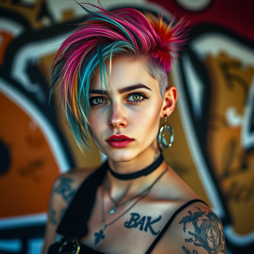 portrait of a female model with colorful punk hairstyle and tattoos against a graffiti background, soft focus, aperture f/2.8, shutter speed 1/125s, ISO 100, 85mm lens, natural light, DSLR camera