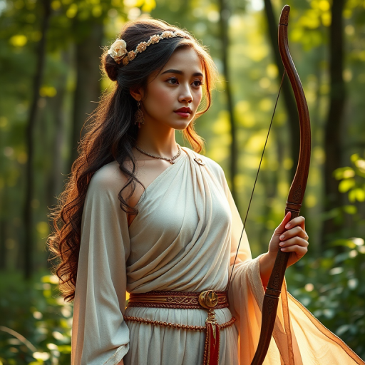 Create a portrait of a goddess-like Nepali girl figure in a tranquil, forested environment. She has an elegant appearance with long, wavy hair styled in an updo and adorned with a delicate, floral headband. She wears a flowing, ancient Greek-inspired gown in a soft, pale color, featuring a one-shoulder design and draped fabric that accentuates her graceful form. The outfit includes a decorative belt with ornate gold detailing, and she holds a bow in her hand, with a quiver of arrows slung over her shoulder. The background depicts lush greenery, with sunlight filtering through the trees, casting a gentle, ethereal light on the scene. Her expression is calm and contemplative, embodying a sense of wisdom and serenity.