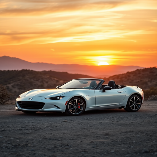 Generate a high-resolution image of a sleek white convertible sports car parked on a rugged terrain with a dramatic sunset backdrop, using a Canon EOS R5 camera, 50mm lens, f/1.8 aperture, 1/200s shutter speed, and ISO 100 for enhanced clarity and depth.