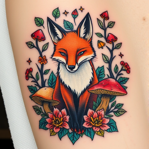 Neo-traditional tattoo named "Enchanted Forest" featuring a stylized fox surrounded by lush foliage and magical mushrooms, rendered in a palette of rich earthy tones and accented with pops of teal and gold, blending classic and contemporary tattoo styles