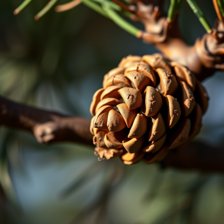 close-up of a pine cone on a tree branch, high-resolution, natural lighting, macro lens, aperture f/2.8, ISO 100, shot with a DSLR camera, focus on intricate details of the pine cone, smooth bokeh background