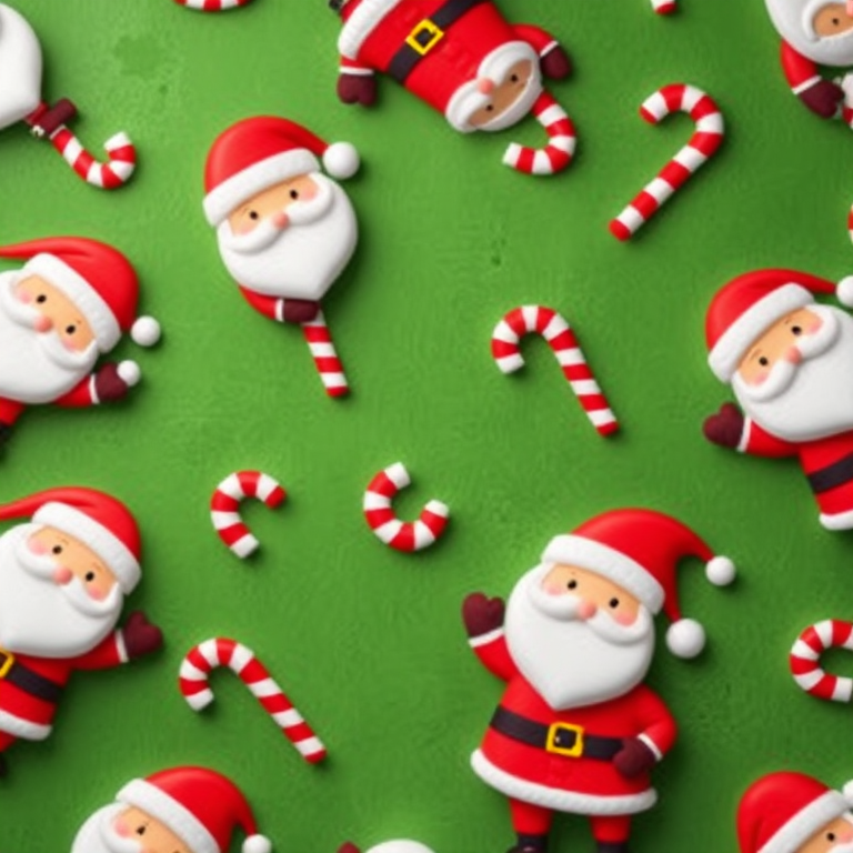 Create a festive background pattern featuring cartoon Santas and candy canes on a textured green backdrop, shot with a Canon EOS 5D Mark IV using a 50mm lens at f/2.8, ISO 100, 1/125s, top-down view with a soft focus for a smooth look.