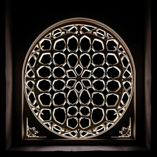 Regenerate the pattern of an intricate geometric lattice design in an arched window frame with a dark background, using a DSLR camera with a 50mm lens, aperture set to f/1.8, ISO 100, and a shallow depth of field for enhanced clarity and detail.