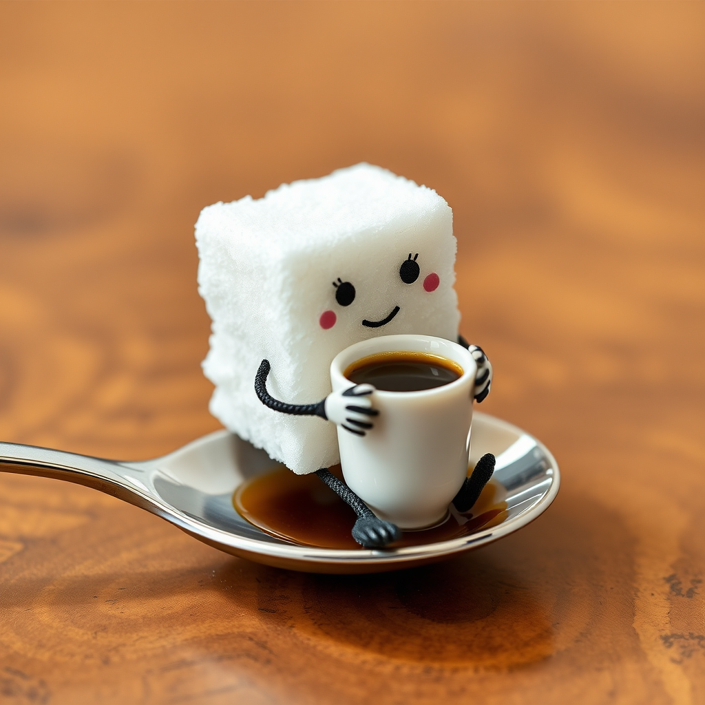 A sugar cube with a face and legs, sitting on a spoon and sipping a tiny cup of coffee.