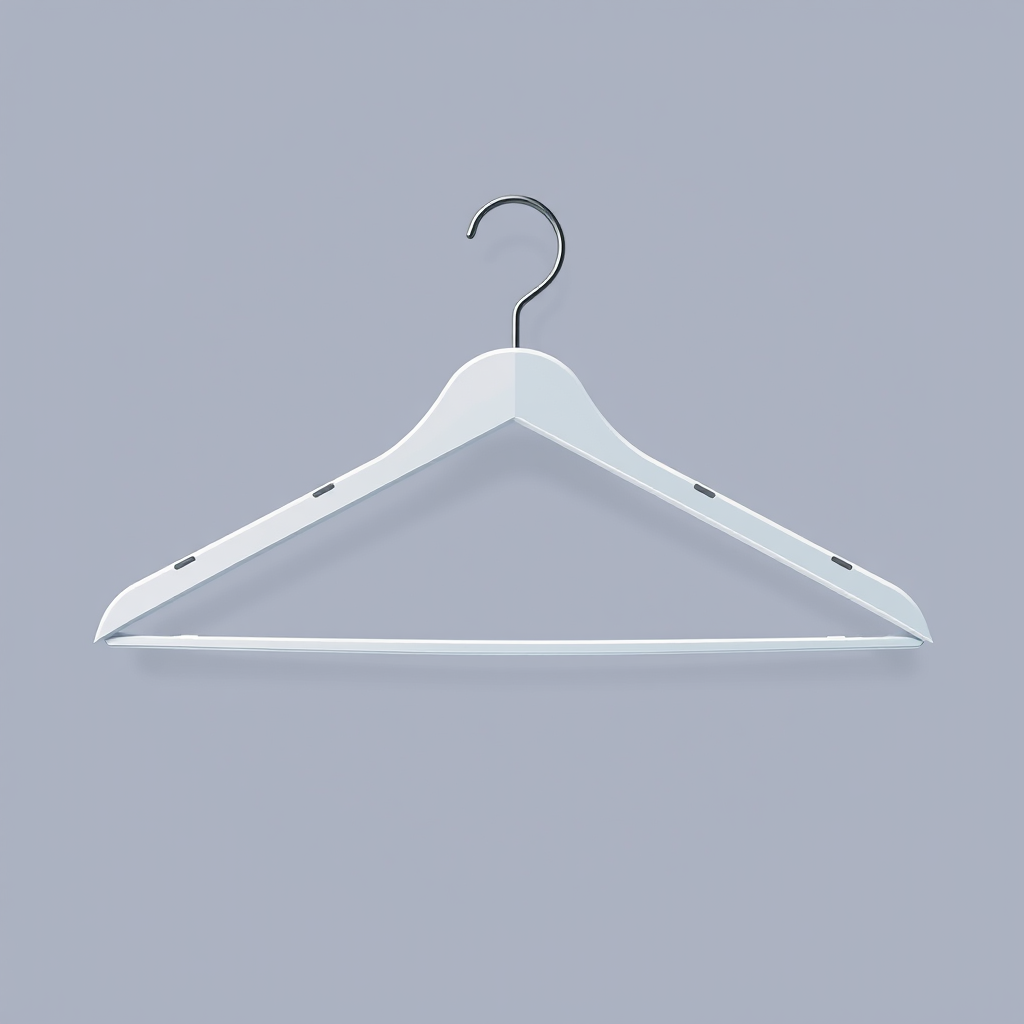 Create a high-resolution illustration of a clothes hanger, using a DSLR camera with f/2.8 aperture, ISO 100, 50mm lens, shot from a slight overhead angle to highlight its shape, enhanced with soft ambient lighting for a clean and modern look.