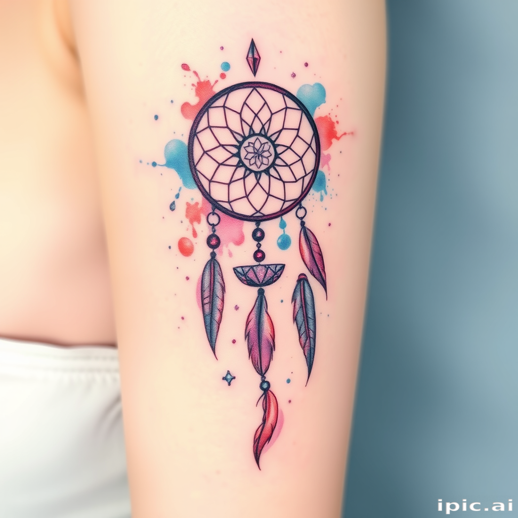 Enchanting watercolor splash tattoo of a dreamcatcher with flowing feathers and crystals, featuring a soft pastel palette blending seamlessly into skin, evoking a sense of ethereal beauty