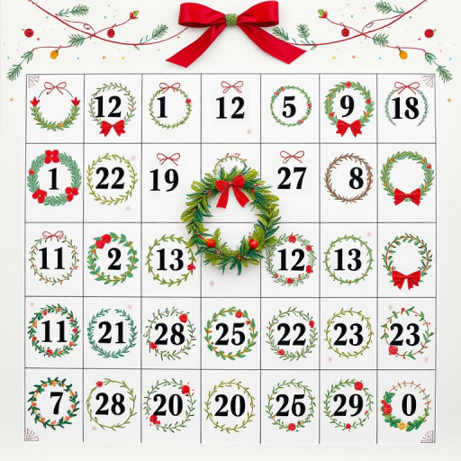 Create a high-resolution image of a printable advent calendar featuring 24 hand-drawn Christmas wreaths with a festive design and color palette, using a Canon EOS R5 with a 50mm f/1.2 lens, aperture set to f/2.8, ISO 100, in a top-down view to capture the intricate details and vibrant colors of the wreaths.