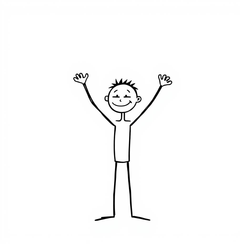 Create a high-resolution illustration of a stick figure with an exaggerated expression, arms raised, on a plain background, using a Canon EOS R5 with a 50mm lens at f/1.8, ISO 100, and a shutter speed of 1/200s.