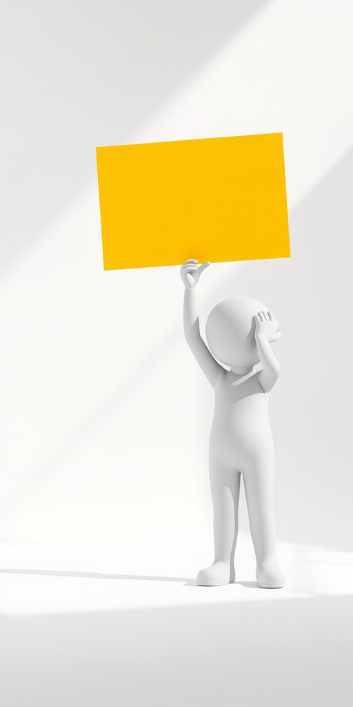 Create a minimalistic scene featuring a 3D character holding a bright yellow sign overhead, shot in high resolution with a Canon EOS R5, 50mm lens at f/1.8, ISO 100, natural light, with a shallow depth of field to emphasize the character and sign against a soft-focus white background.