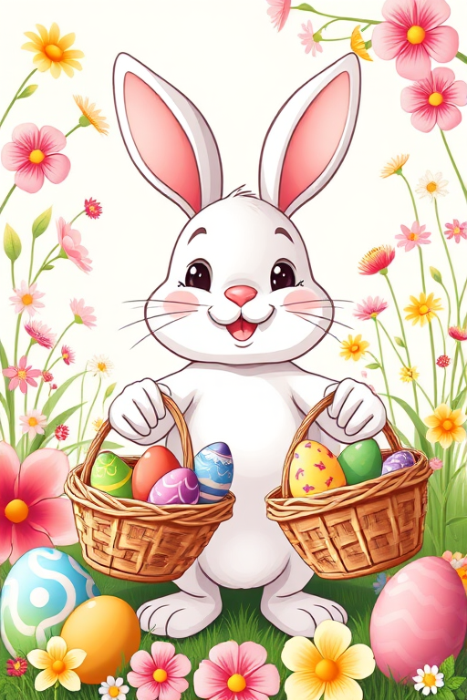 Draw a cute cartoon bunny holding baskets filled with colorful Easter eggs, surrounded by decorated eggs and floral elements, in a bright and cheerful style, shot with a 35mm lens, aperture f/2.8, ISO 100, soft natural lighting, in a high-resolution digital format.