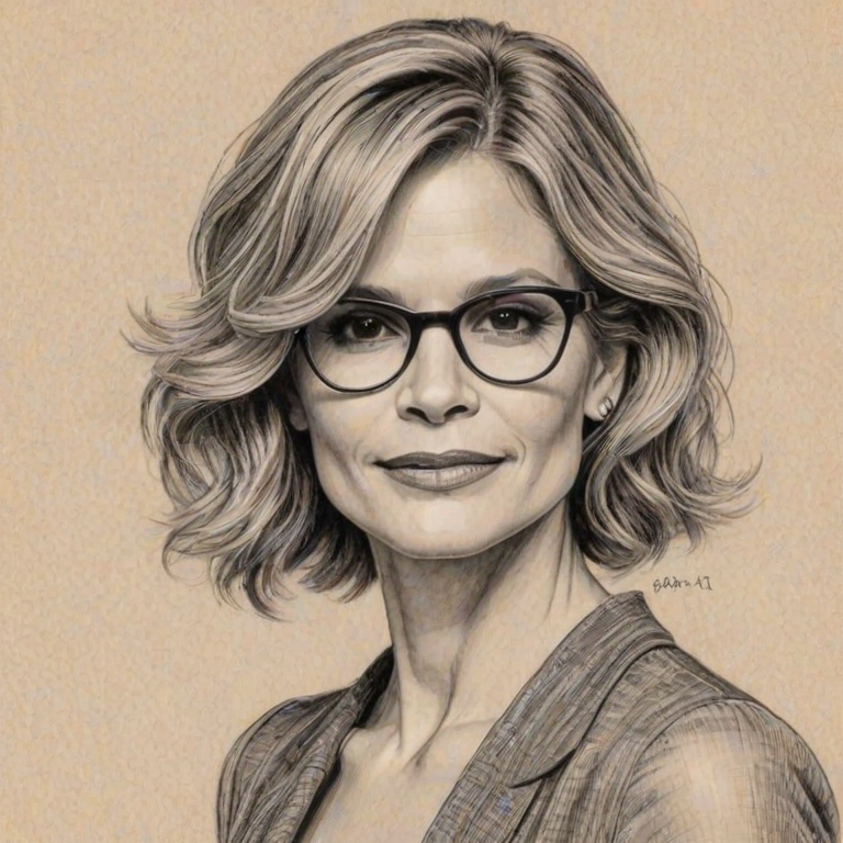 Ravishing Kyra Sedgwick, pencil sketch, portrait of Elegant woman 1932s in glasses, hair style beatnik, outline, clear lines, fine lines, 8k