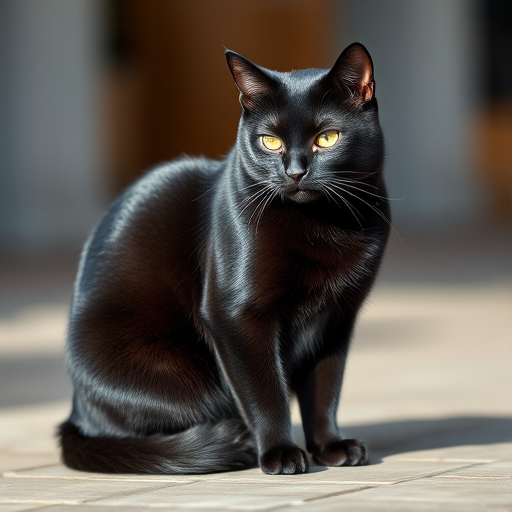 Create a high-resolution image of an elegant black cat sitting gracefully, captured with a DSLR camera at f/2.8 aperture, 50mm lens, ISO 100, and a shallow depth of field to create a soft background blur, using natural lighting to highlight the cat's features.