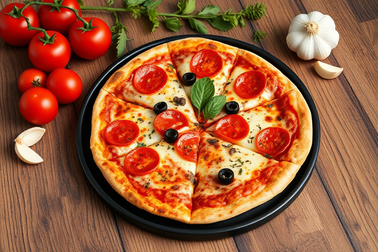 Generate a high-quality image of a pepperoni pizza with black olives, sliced into six pieces, presented on a black round pizza tray on a rustic wooden table, with fresh tomatoes and garlic cloves in the background, captured with a Canon EOS R5, 50mm lens, f/1.8 aperture, ISO 100, and natural soft lighting for enhanced detail and texture.