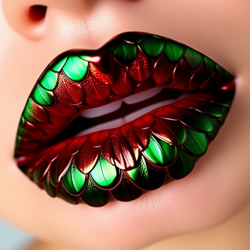 Fierce "Dragon Scale" lip look boasts a deep emerald green base with a duochrome shift to fiery red, mimicking the mesmerizing scales of mythical creatures and making a bold statement