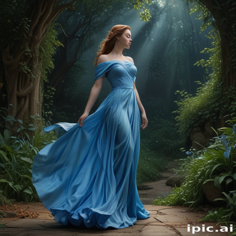 A Majestic Woman in a Flowing Blue Dress Stands in Enchanted Forest