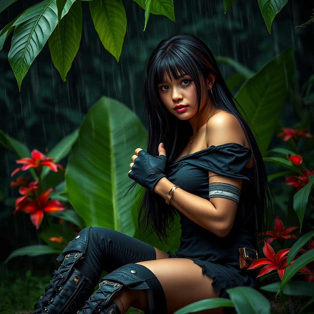 A highly detailed photograph of a woman with long black hair, sitting in the rain beneath lush green foliage. She wears a black off-the-shoulder top, fingerless gloves, and combat boots, giving her a rugged, militaristic look. Her left arm is bandaged, hinting at a recent struggle. The jungle background is vibrant, with large green leaves and red flowers contrasting against the rainy, dark sky. Fine rain droplets add realism and atmosphere to the scene.