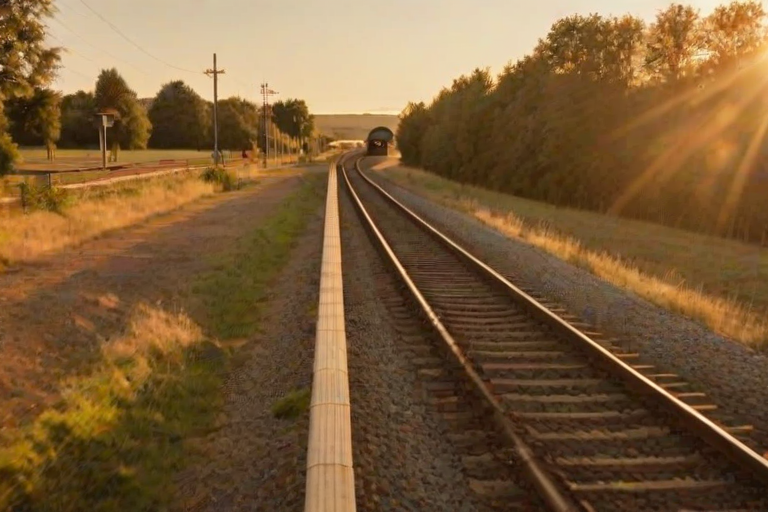 Blurry shot of a train speeding past at a rural station at sunset, with soft golden hues casting long shadows on the platform, and distant fields barely visible in the background.