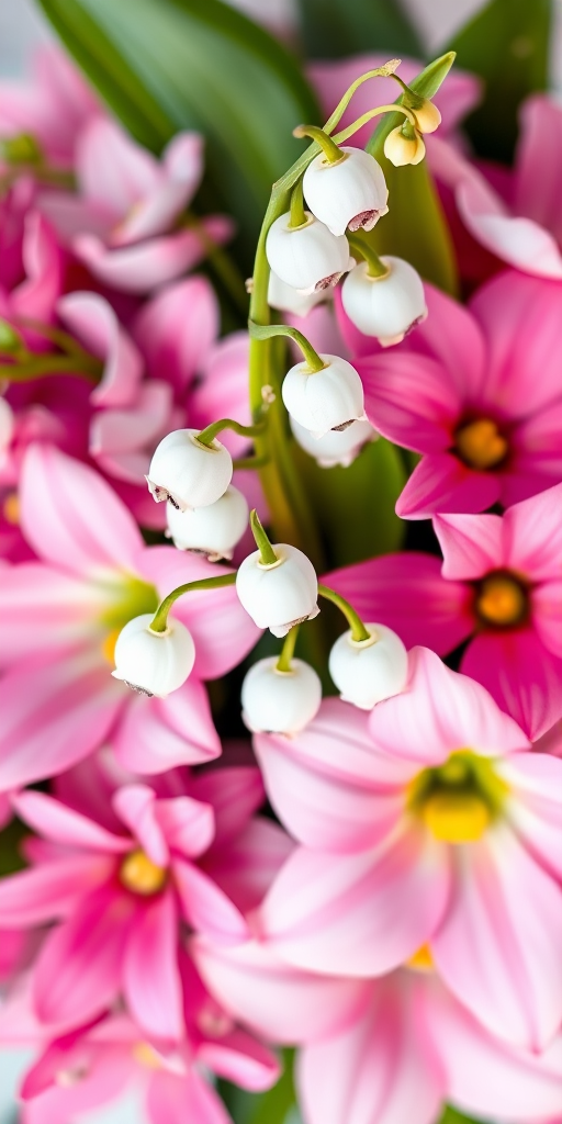 regenerate a vibrant floral illustration of a bouquet featuring white lilies of the valley and pink flowers, captured with a DSLR camera using a 50mm lens, aperture f/2.8, ISO 100, from a top-down view, in a soft focus style for enhanced detail and color richness