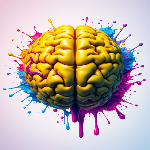 Create a highly detailed illustration of a brain in vibrant yellow surrounded by colorful paint splashes in shades of blue, purple, and pink, with a soft gradient background, captured using a DSLR camera at f/2.8 aperture, 50mm lens, ISO 100, and 1/125s shutter speed, in a high-resolution studio setting for enhanced clarity.