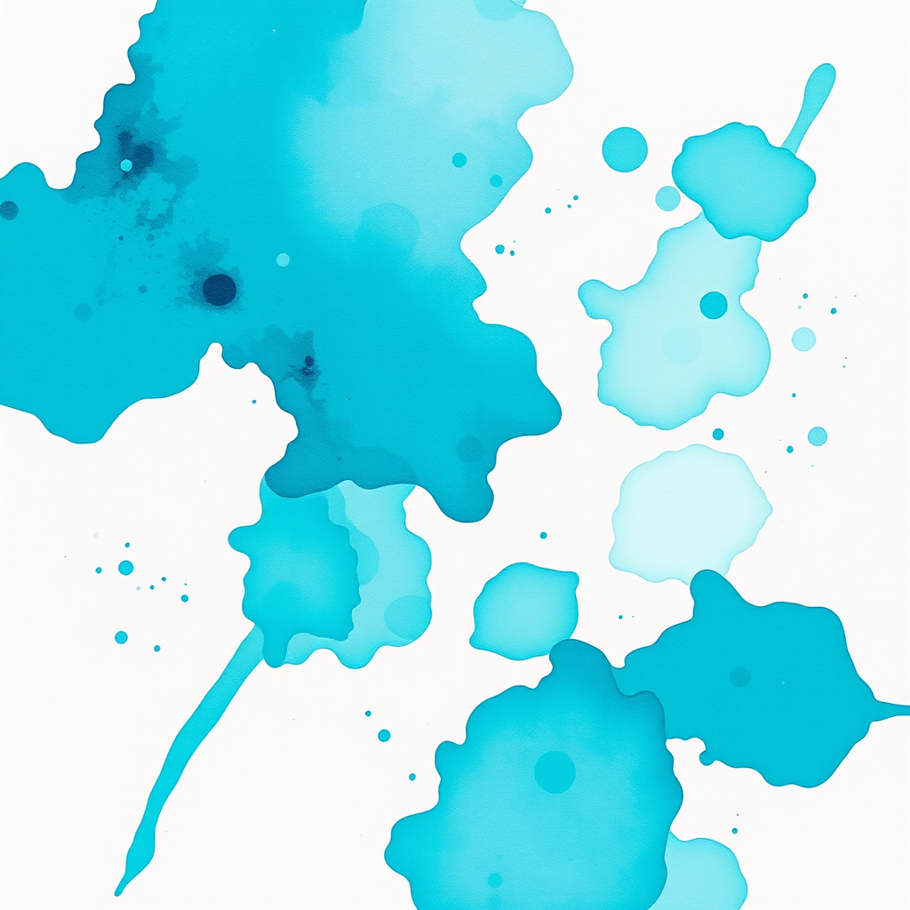 Regenerate an abstract watercolor painting with vibrant turquoise and teal splashes on a white background, taken with a Canon EOS R5, 50mm lens, f/1.8 aperture, ISO 100, natural light, top-down view, high-resolution style.