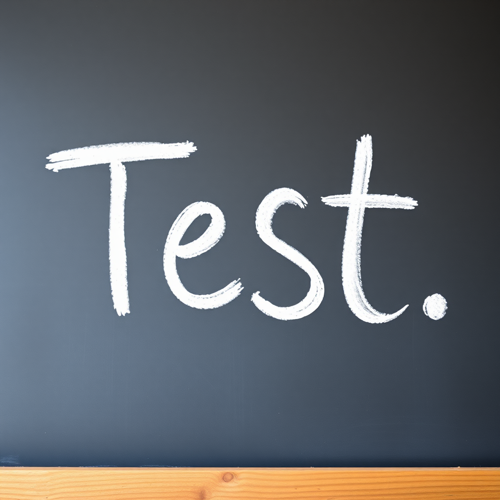 Create an image of a chalkboard with the word "Test" written in white chalk, using a DSLR camera, 50mm lens, f/2.8 aperture, ISO 100, natural lighting, with a shallow depth of field to emphasize the chalkboard texture and wood frame.