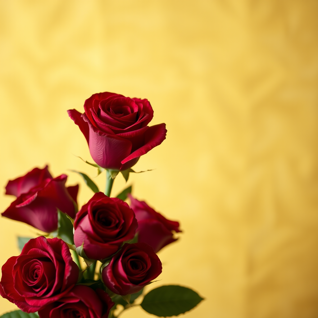 still life of a bouquet of red roses against a textured golden background, shallow depth of field, soft lighting, ISO 200, f/2.8, 50mm lens, aperture priority mode, taken with a DSLR camera