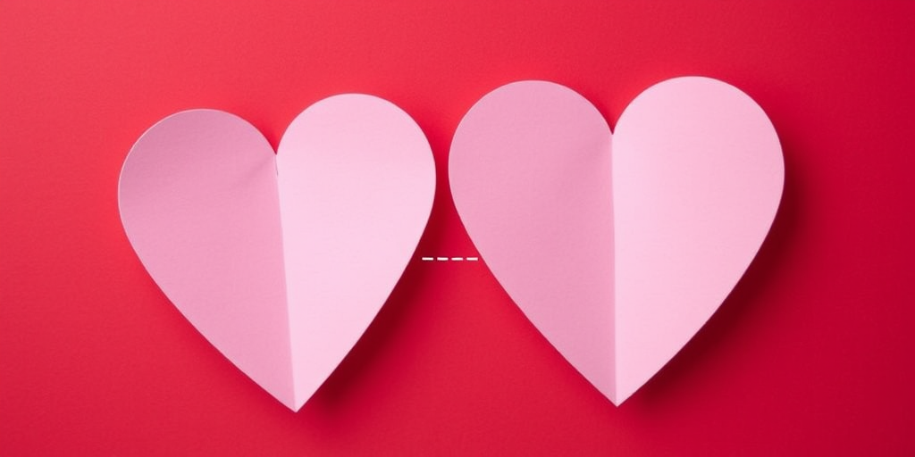 Create a Valentine's Day themed graphic featuring two paper hearts with a dashed line connecting them on a red background, using a high-resolution digital camera, f/2.8 aperture, 50mm lens, and natural lighting for a soft and romantic effect.
