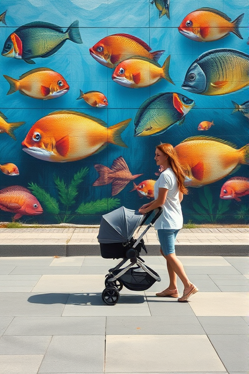 Regenerate the image of a woman walking with a stroller in front of a mural of fish, captured with a DSLR camera at f/8 aperture, 1/250s shutter speed, ISO 200, wide-angle view, natural daylight for enhanced clarity and color saturation.