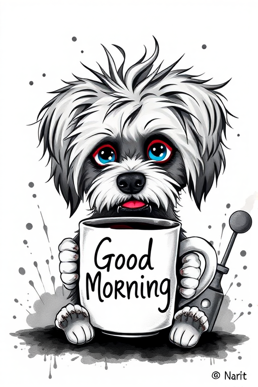 A quirky, artistic illustration of a disheveled peekapoo dog breed with exaggerated, large eyes and spiky fur, holding a coffee mug that reads "Good Morning". The dog has a tired but humorous expression, with ink splatters and abstract details surrounding it, giving a whimsical feel to the image. The color palette is mostly monochrome with hints of blue in the eyes and steam rising from the mug, enhancing the overall sleepy vibe