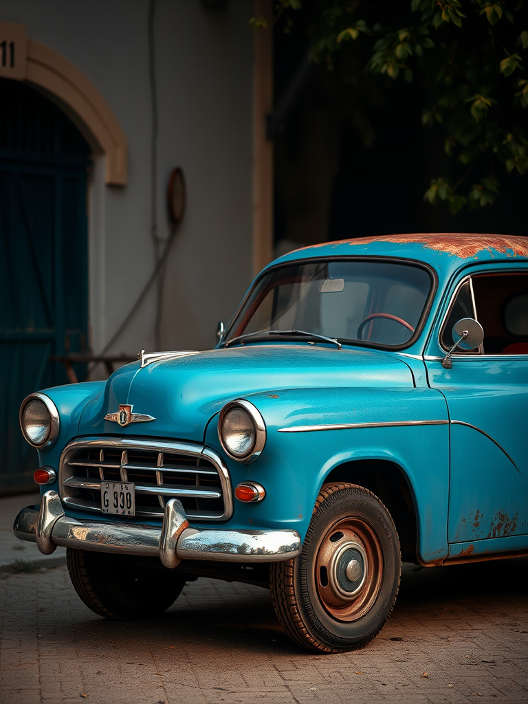 vintage blue car, shot with a Canon EOS R5, f/4, ISO 100, 1/200s, portrait view, soft lighting, enhanced detail
