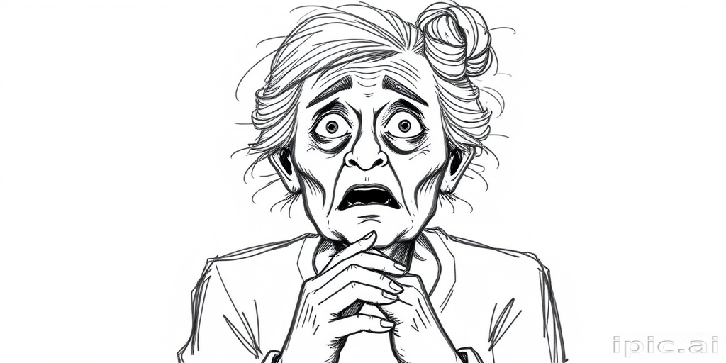 scribbly unfinished sketch, old lady with messy gray hair in a loose bun, surprised expression, mouth open, hands clasped together in front of her chest. Her eyes are wide, eyebrows are furrowed. vibe of shock or surprise.
