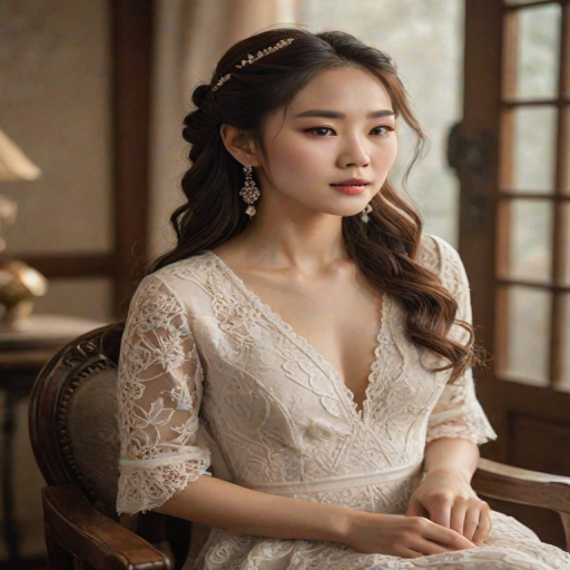 Create a portrait of a refined and elegant Korean woman seated in a sophisticated setting. She has long, wavy hair styled in two thick braids that are pulled over her shoulders. She wears a white, lace gown with intricate patterns, featuring a deep V-neckline and short sleeves. The dress exudes a vintage charm with its delicate lacework. She is adorned with ornate, dangling earrings that add a touch of glamour to her appearance. The background is softly lit, with warm, ambient lighting that creates a cozy and inviting atmosphere. Her expression is poised and serene, capturing a sense of grace and elegance.