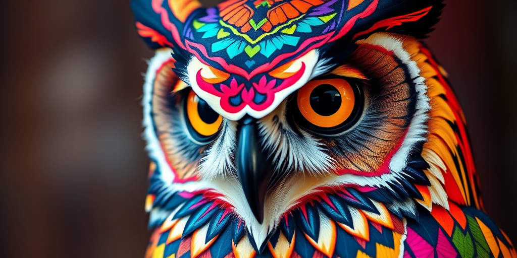 Regenerate a vibrant, colorful owl illustration featuring intricate geometric patterns with a glossy finish, using a DSLR camera with a 50mm lens, f/2.8 aperture, ISO 100, and a shallow depth of field for enhanced detail and clarity against a soft blurred background.
