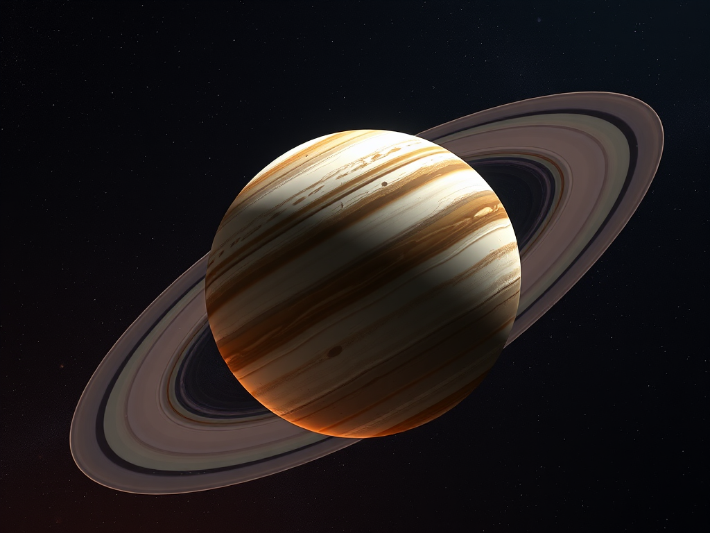 Create a high-resolution digital art image of a gas giant planet with detailed textures and rings, captured from a wide-angle view using a DSLR camera with a 24mm lens, aperture set to f/8, ISO 100, and a long exposure of 5 seconds for enhanced clarity and depth in a cosmic space background.