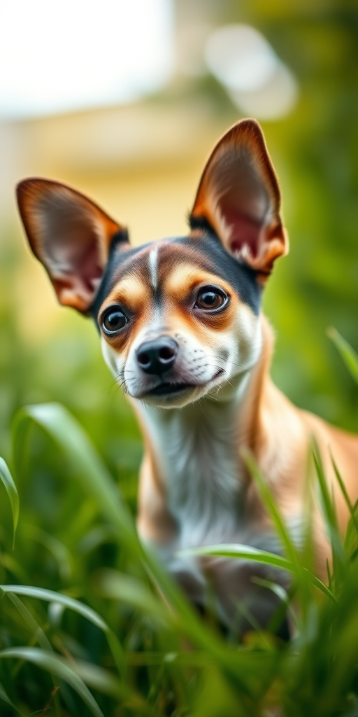 Generate a high-resolution portrait of a small dog with large ears, focused on its facial features, set in a lush green background, using a DSLR camera with an aperture of f/2.8, ISO 100, shutter speed of 1/500s, in natural light, with a shallow depth of field.