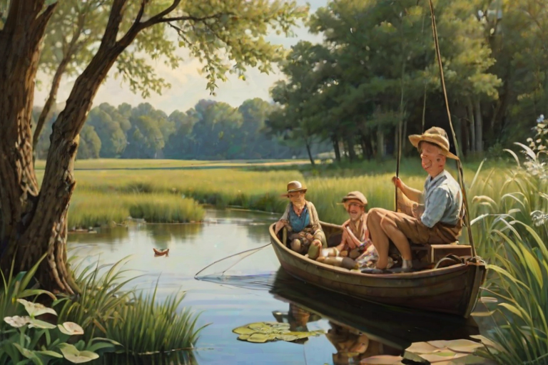 Imagine a small group of old fashioned young boys out fishing by the creek, a swing hanging from a tree branch, reeds and grasses by the water's edge, a frog sitting on a lily pad, dragonflies hovering over som water plans, a very iconic old fashioned scene reminiscent of a Norman Rockwell painting style