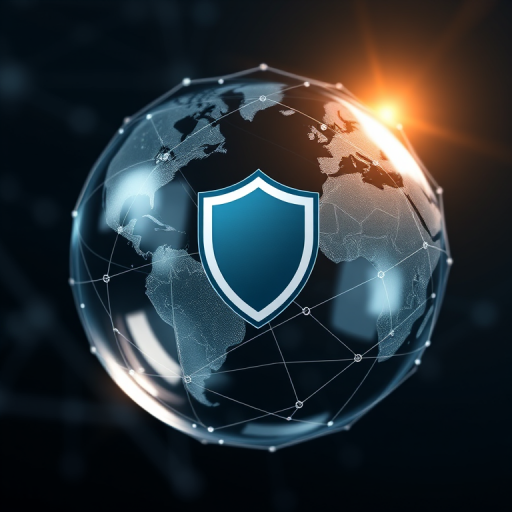 Create a high-resolution digital illustration of a transparent globe with a shield symbol at its center, surrounded by interconnected nodes and lines representing a network, using a 50mm lens, f/2.8 aperture, ISO 100, shot from a slightly elevated angle in a studio setting with soft lighting to enhance depth and clarity.