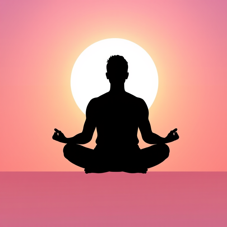Create a silhouette of a meditating man in a cross-legged position against a soft gradient background, with a large calming sun behind him, using a high-resolution digital art style, shot with a 50mm lens at f/2.8, with a shallow depth of field for a smooth bokeh effect and vibrant color grading.