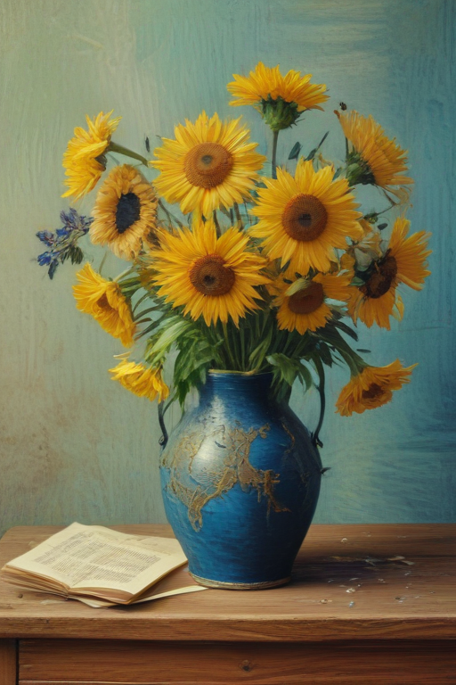 Vibrant Sunflowers in a Blue Vase Accompanied by an Open Book