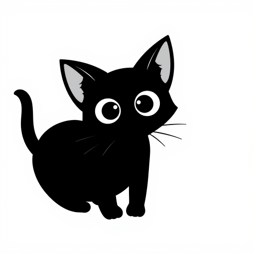 Create a black and white minimalist illustration of a cat. The cat should have large, round eyes and a simplistic, cartoonish style. Its ears should be tall and pointed, and its whiskers should be simple lines extending from its face. The background should be plain white to emphasize the cat's silhouette.
