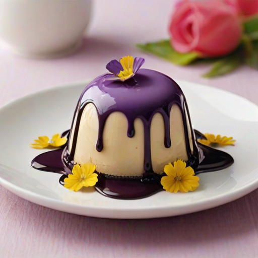 Create an image of elegant desserts featuring smooth, dome-shaped mousse cakes. The cakes should have a glossy yellow glaze and be adorned with delicate edible flowers like violets and daisies. Some should have chocolate drizzle, and others should be presented on minimalist white plates with a clean and bright background. Include a variety of textures, such as a poppy seed base and chocolate sprinkles for added visual interest.