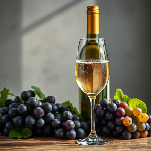 Create a still life image of a wine bottle and a glass filled with sparkling wine, surrounded by fresh grapes, captured with a Canon EOS R5, 50mm lens, aperture f/1.8, shutter speed 1/125s, ISO 200, soft natural lighting, and a shallow depth of field for a refined look.