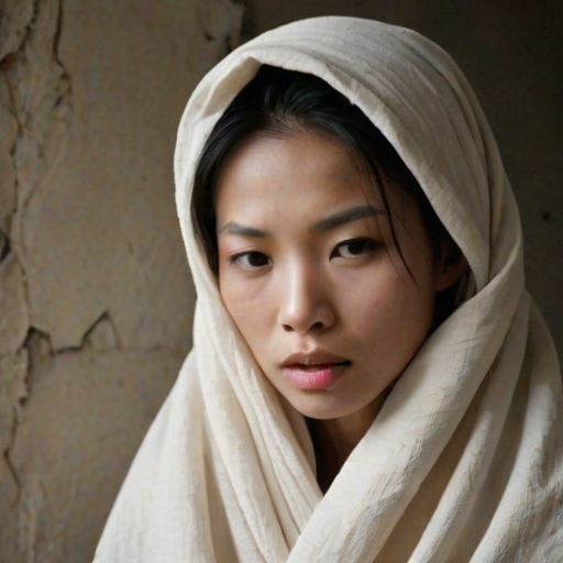 Create a close-up photographic image of a Asian woman with light skin tones shown against an old, worn wall. Their head is wrapped in a white cloth covering (i.e.... parts of the head except the nose and mouth, which are open as if they are screaming...), with a slight texture and visible folds in the fabric. Thin strands of blonde hair escape from the wrapping above, falling lightly at the top and sides. Their hands hold the fabric as if they are tugging nervously. The lighting is dramatic and even, casting strong shadows. The image has a minimalist and surreal style with an emphasis on simplicity with soft color tones. The composition is centered.